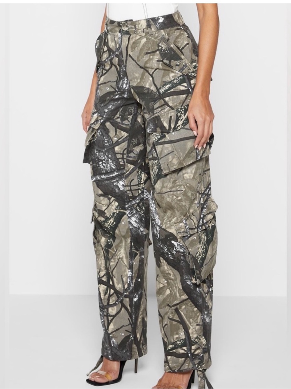 Maniere De Voir High Waisted Camo Cargo Pants - Khaki Camo